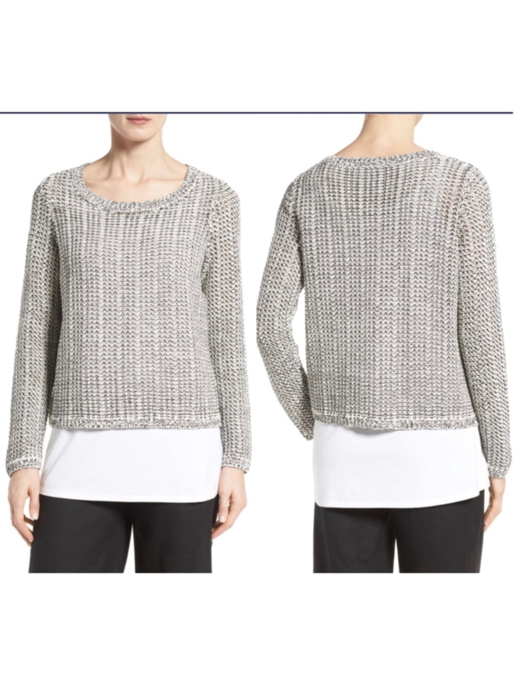 Eileen Fisher Petite Black White Textured Organic Cotton Linen Pullover Sweater